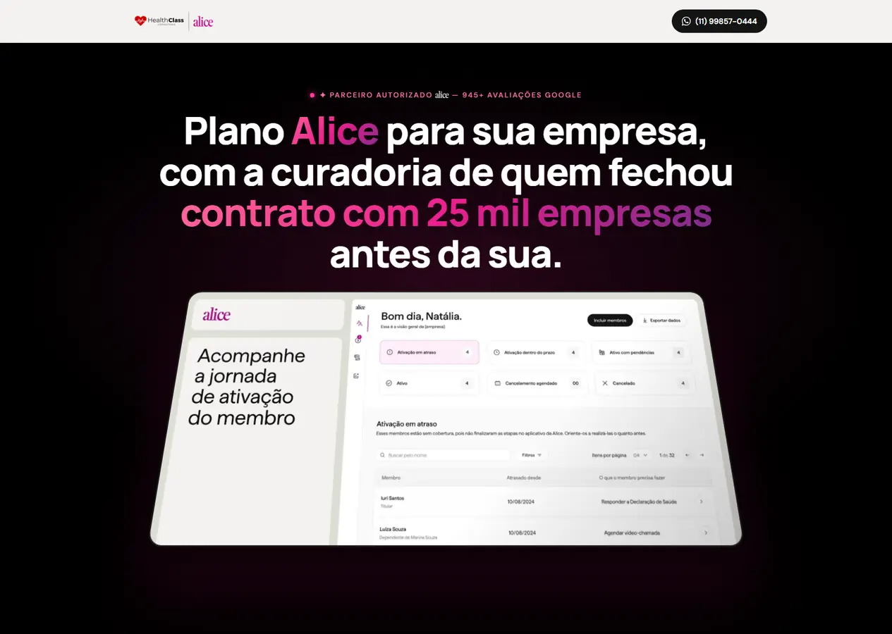 Landing page completa do plano Alice para empresas, da abertura em fundo preto até o rodapé, com formulário de cotação, dores, comparativo com o plano tradicional, diferenciais da operadora, seção da corretora, passos, painel do RH, dúvidas e fechamento