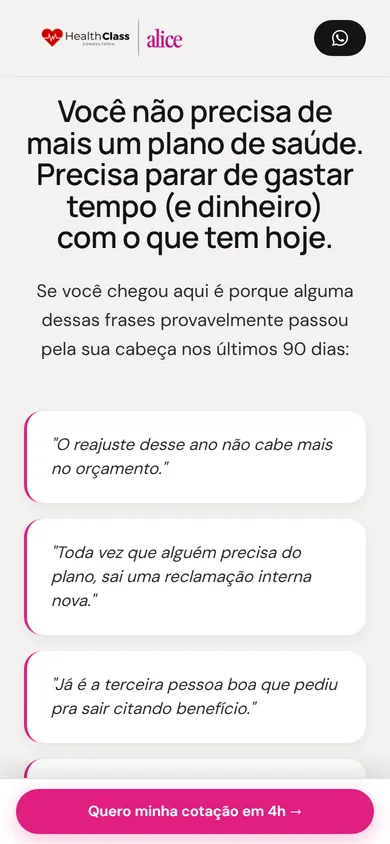 A seção de dores no celular, com o título em cinco linhas e os cartões de frases empilhados