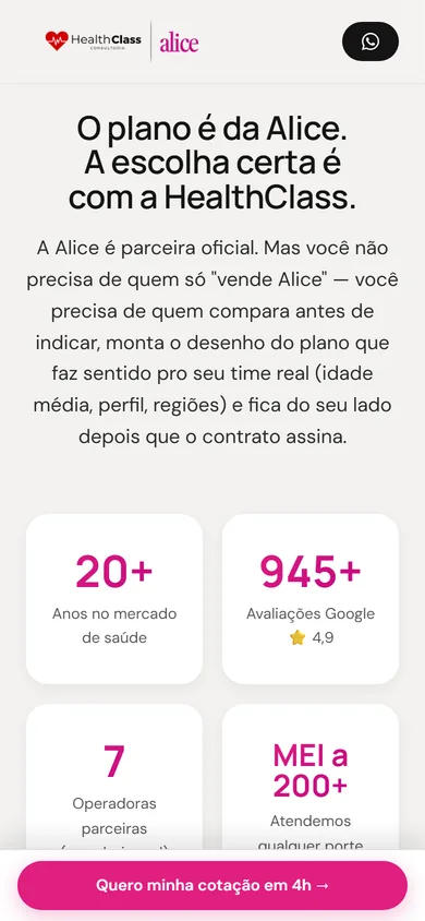 A seção da corretora no celular, com o título em três linhas e os quatro números em duas colunas