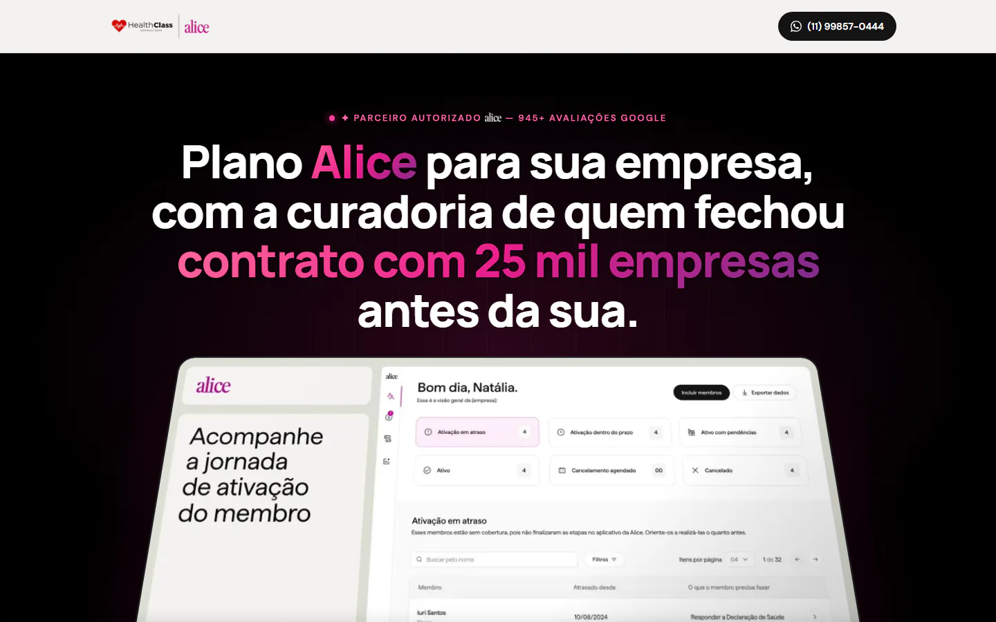 Landing page B2B da HealthClass para apresentar o plano de saúde Alice a empresas