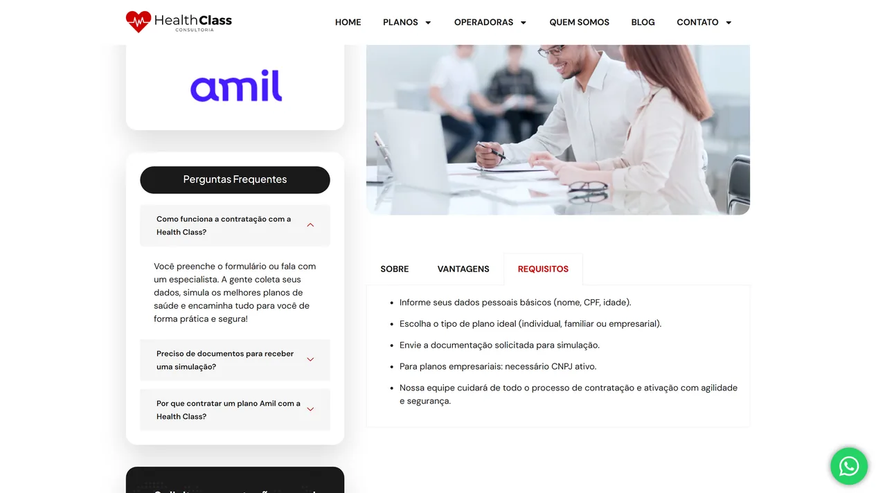 Página da operadora Amil no site da Health Class, com as abas Sobre, Vantagens e Requisitos, a lista de requisitos para a simulação aberta e, na coluna ao lado, o logo da Amil e o card de perguntas frequentes