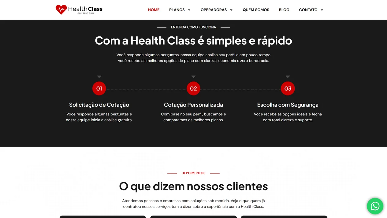 Seção Entenda como funciona da home da Health Class, em faixa escura, com o título Com a Health Class é simples e rápido e três passos numerados: Solicitação de Cotação, Cotação Personalizada e Escolha com Segurança