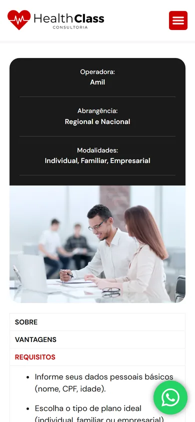 Página da Amil no celular, com a ficha de operadora, abrangência e modalidades empilhada sobre fundo preto, a foto e a aba Requisitos aberta