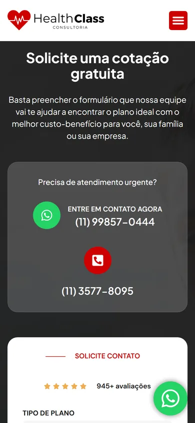 A mesma seção no celular, com o título centralizado, WhatsApp e telefone empilhados e o começo do formulário com as estrelas e 945+ avaliações