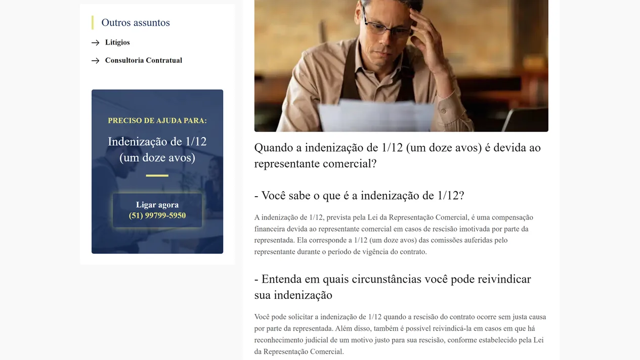 Página da indenização de 1/12 do site da Hespanhol Advocacia, com o título que pergunta quando a indenização de 1/12 (um doze avos) é devida ao representante comercial, os blocos O que é e Em quais circunstâncias e, ao lado, o cartão azul Preciso de ajuda para: Indenização de 1/12 (um doze avos), com o botão Ligar agora