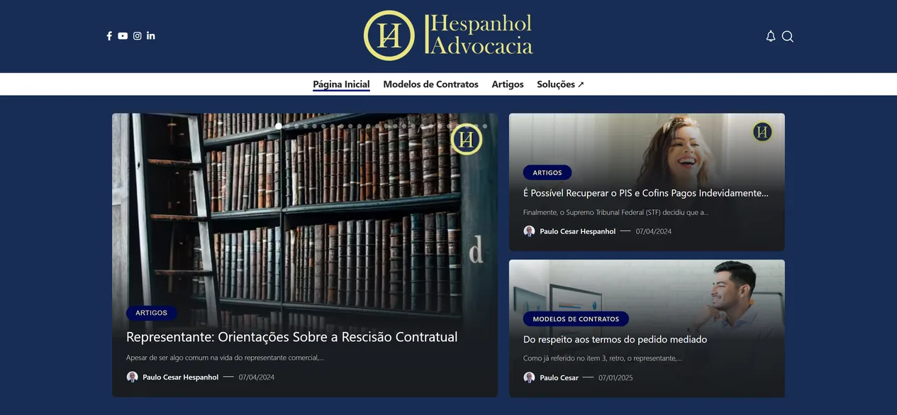 Página inicial do blog da Hespanhol Advocacia, com o logo amarelo sobre fundo azul-marinho, o menu Página Inicial, Modelos de Contratos, Artigos e Soluções, o destaque Representante: Orientações Sobre a Rescisão Contratual e dois cartões de artigos, cada um com categoria, resumo, autor e data