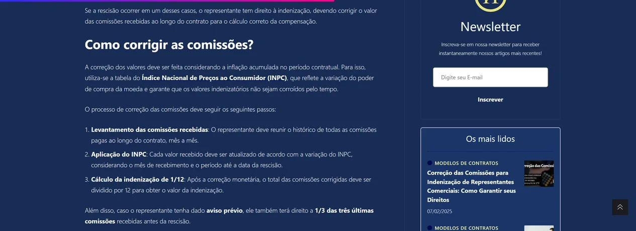 Artigo do blog da Hespanhol Advocacia sobre a correção das comissões, com o subtítulo Como corrigir as comissões?, o INPC em negrito, a lista numerada de três passos e o parágrafo sobre aviso prévio, ao lado da newsletter e da lista Os mais lidos