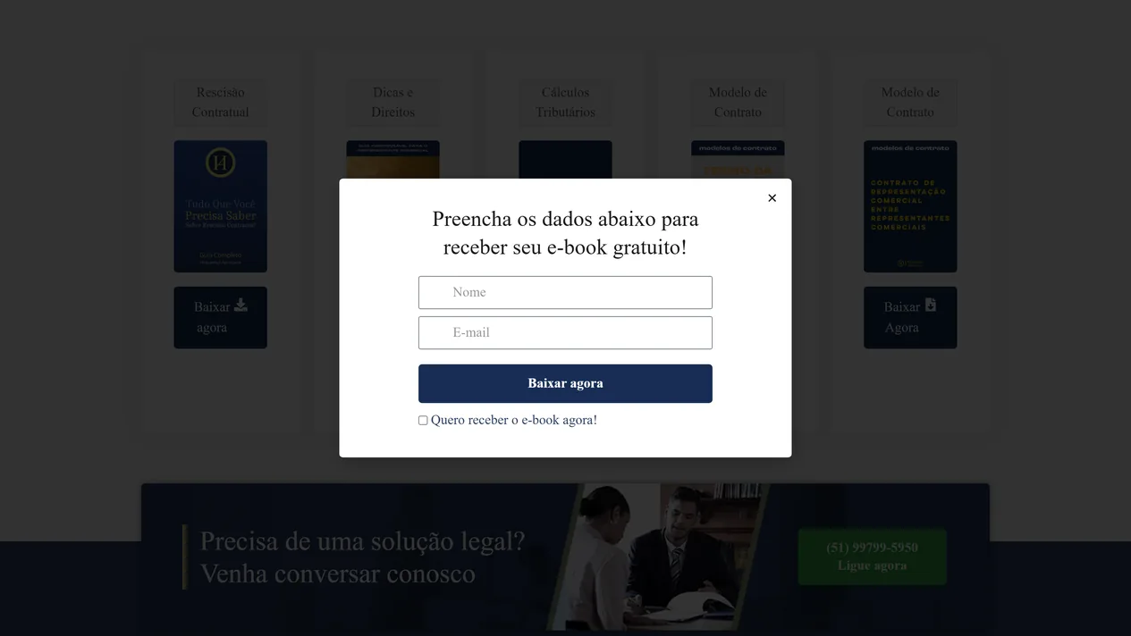 Página Material de Apoio do site da Hespanhol Advocacia com a janela do guia de rescisão aberta, que pede nome e e-mail para enviar o e-book gratuito, sobre os cartões Rescisão Contratual, Dicas e Direitos, Cálculos Tributários e dois modelos de contrato