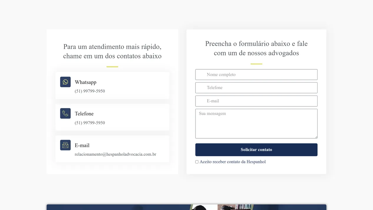 Página Contato do site da Hespanhol Advocacia com dois cartões: à esquerda WhatsApp, telefone e e-mail para atendimento rápido, à direita o formulário com nome completo, telefone, e-mail, mensagem, botão Solicitar contato e a caixa Aceito receber contato da Hespanhol