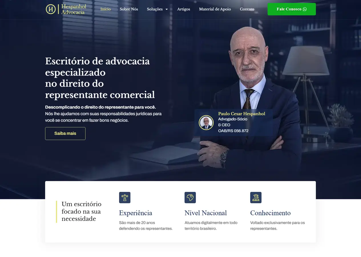 Página inicial completa do site da Hespanhol Advocacia, do topo com o título Escritório de advocacia especializado no direito do representante comercial e o sócio Paulo Cesar Hespanhol até o rodapé, passando pelos diferenciais, a apresentação do escritório, as áreas de atuação, os vídeos do canal no YouTube, a equipe e a faixa de contato