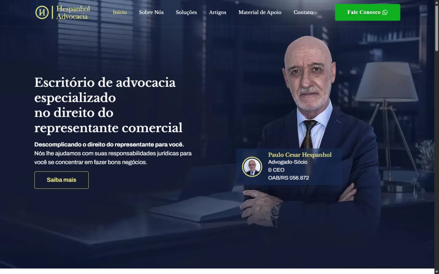 Site da Hespanhol Advocacia sobre representação comercial e serviços jurídicos