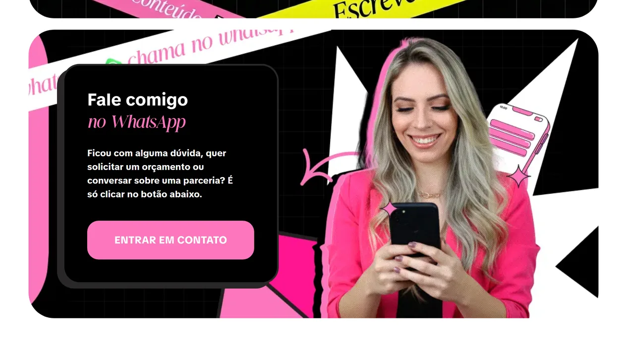 Cartão Fale comigo no WhatsApp, de perto: o texto sobre dúvidas, orçamentos e parcerias e o botão rosa Entrar em contato, ao lado de Jamile Fernandez de blazer rosa sorrindo para o celular
