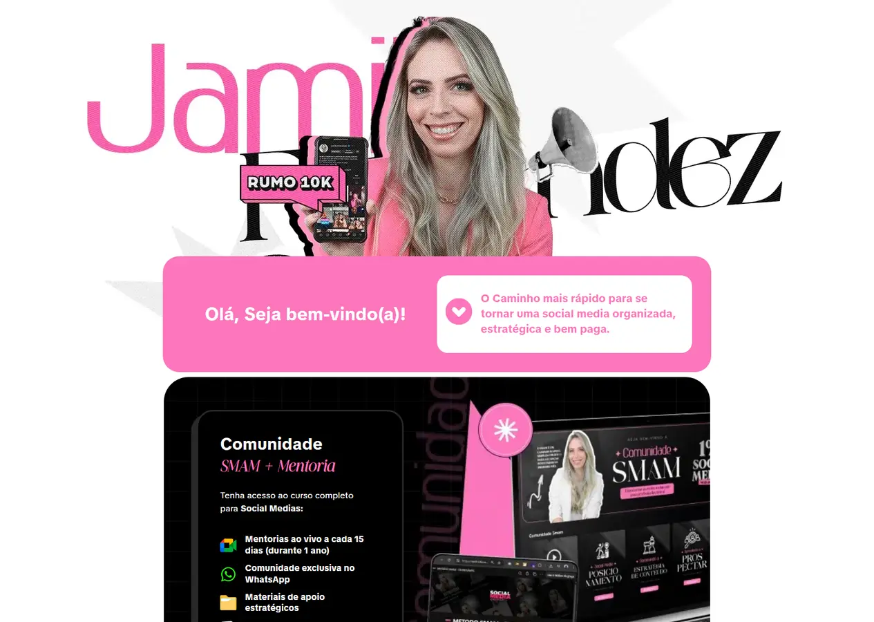 Link bio completo de Jamile Fernandez, da abertura com o nome em letras grandes, a foto dela com o celular e a saudação em rosa até o rodapé, passando pelos cartões da Comunidade SMAM, do Template Notion, do blog e do WhatsApp