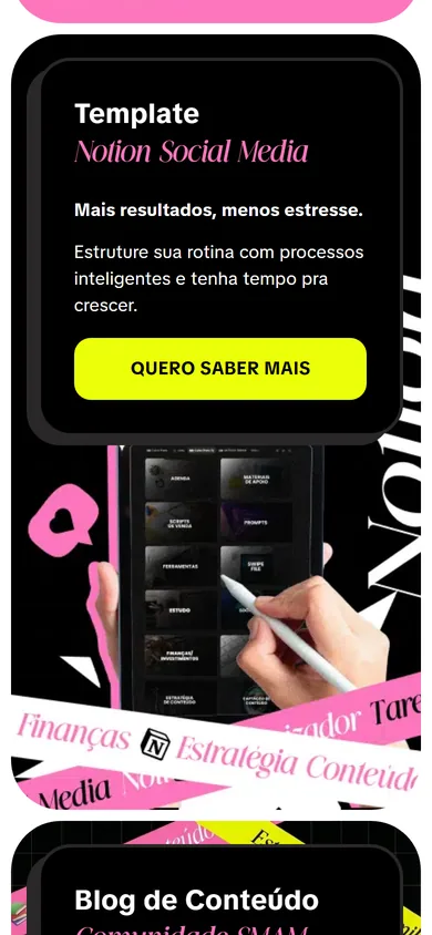 O cartão do Notion no celular, com título, frases, botão amarelo e o tablet com o painel do template