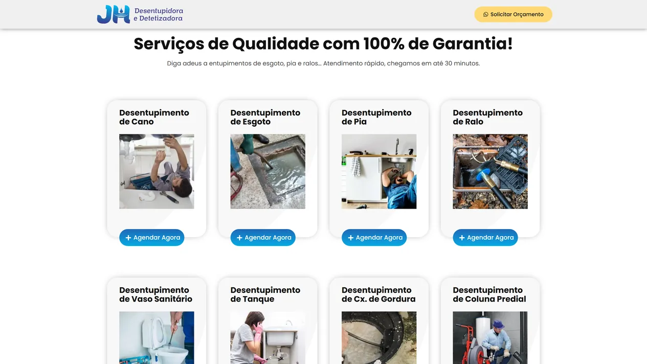 Seção de serviços do site da JH Desentupidora com o título Serviços de Qualidade com 100% de Garantia, a linha que cita esgoto, pia e ralos e os cartões de desentupimento de cano, esgoto, pia e ralo, cada um com foto e botão Agendar Agora, e o começo da segunda fileira, com vaso sanitário, tanque, caixa de gordura e coluna predial