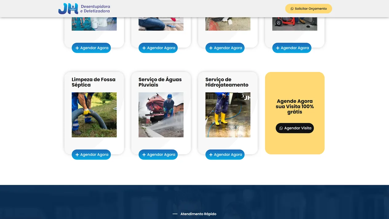 Terceira fileira da grade de serviços do site da JH Desentupidora, com limpeza de fossa séptica, serviço de águas pluviais e serviço de hidrojateamento, cada um com botão Agendar Agora, e o cartão amarelo Agende Agora sua Visita 100% grátis com o botão preto Agendar Visita
