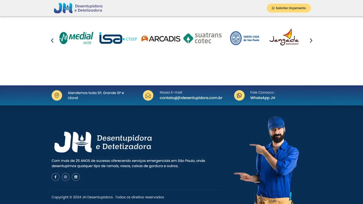 Fim da página do site da JH Desentupidora: carrossel com logos que a empresa apresenta como clientes, como Santa Casa de São Paulo, Arcadis e ISA CTEEP, a faixa azul com área atendida, e-mail e WhatsApp e o rodapé azul-marinho com o logo da JH e a foto de um encanador apontando para o texto