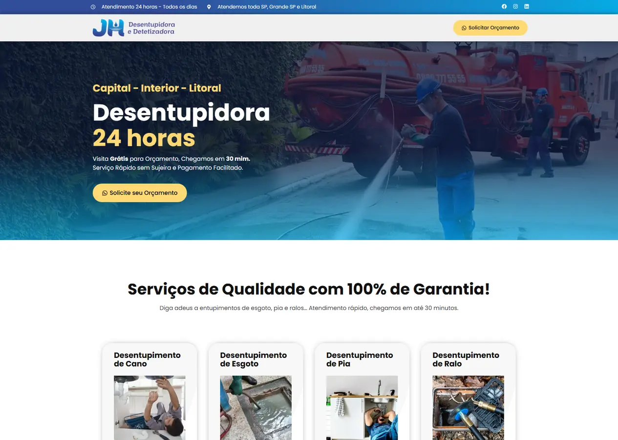 Página inicial completa do site da JH Desentupidora, do topo com o título Desentupidora 24 horas sobre a foto de um caminhão de hidrojateamento até o rodapé azul-marinho, passando pela grade de serviços, o atendimento passo a passo, o formulário de orçamento, os depoimentos e os logos de clientes