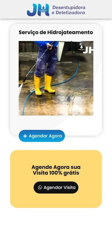 No celular, o cartão de hidrojateamento com o botão Agendar Agora e, logo abaixo, o cartão amarelo de visita grátis com o botão Agendar Visita