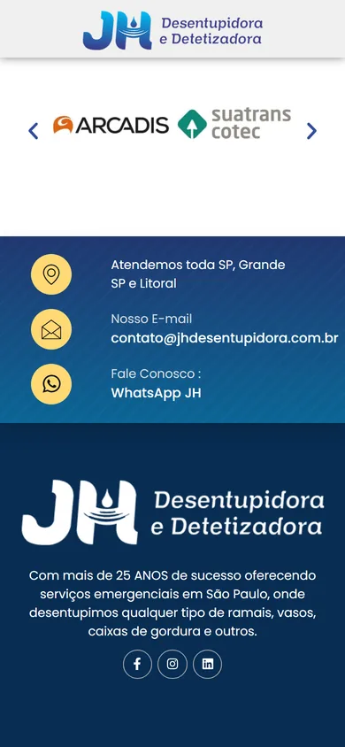 Fim da página no celular, com os logos da Arcadis e da Suatrans Cotec no carrossel, a faixa de contato empilhada e o rodapé com o logo branco da JH e os ícones das redes sociais