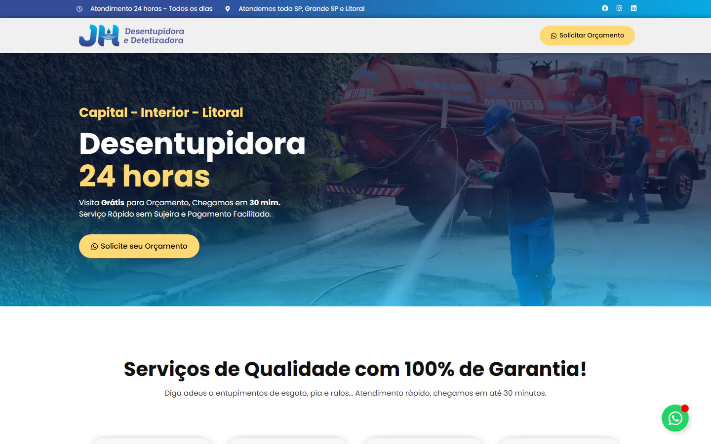 Site da JH Desentupidora com serviços emergenciais e contato por WhatsApp