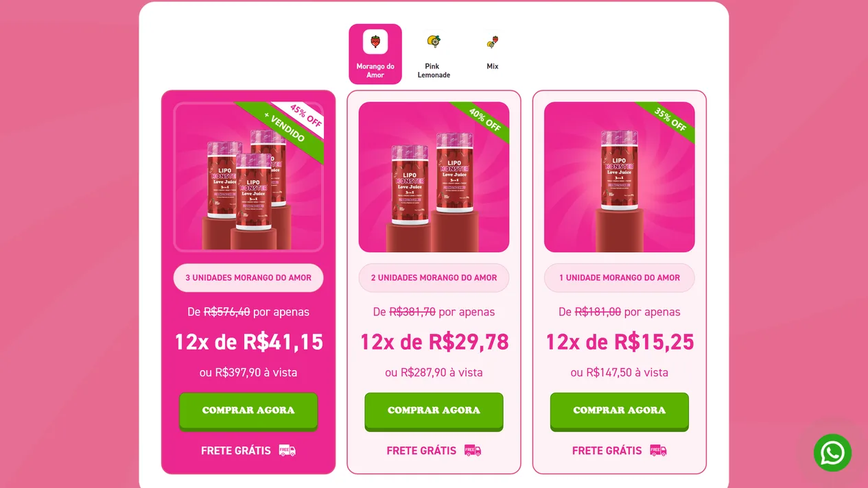 Seção Escolha o seu Lipo Monster com três abas de sabor no alto e três kits, de 1, 2 e 3 potes, com desconto, parcelamento, botão verde Comprar agora e frete grátis, o maior deles destacado como mais vendido