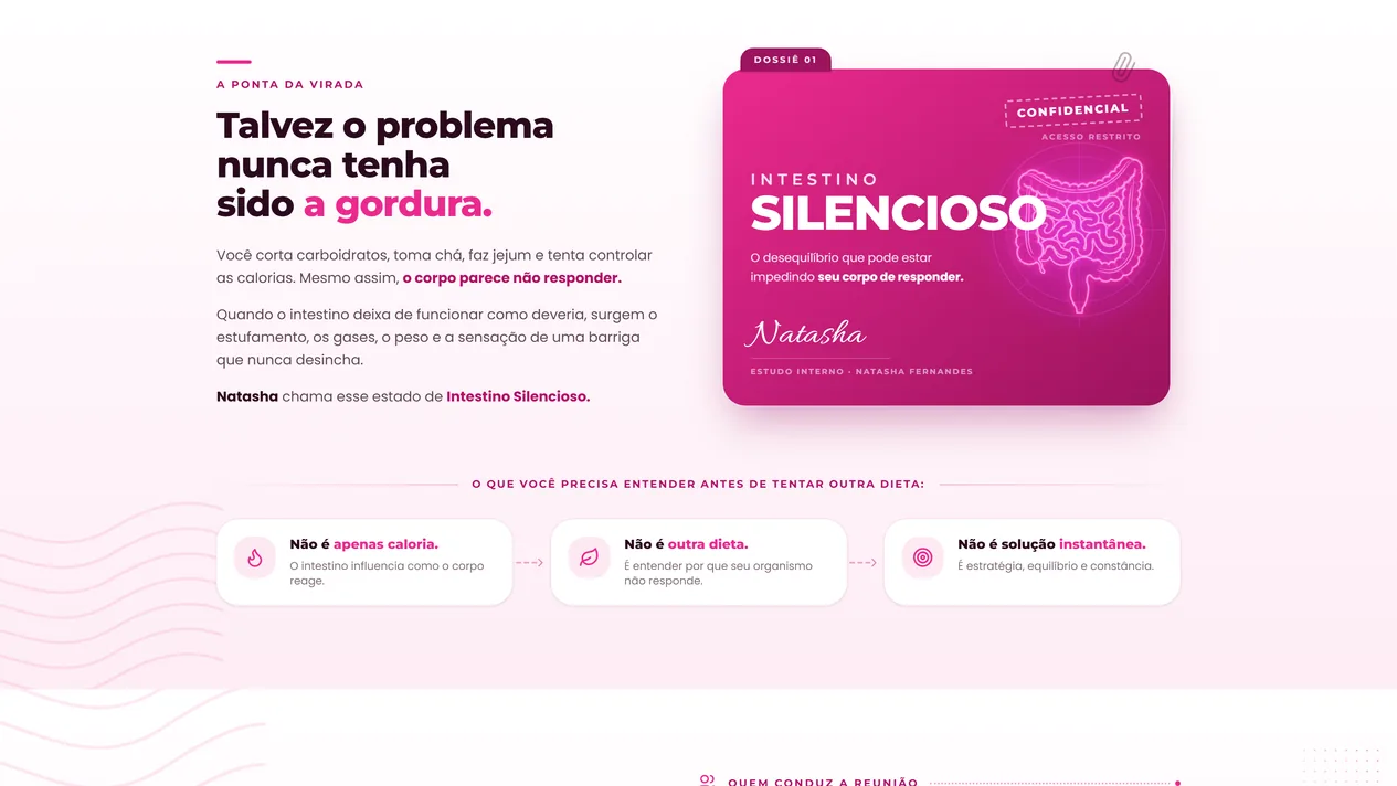 Seção A ponta da virada da página de captação, com o título à esquerda, um card magenta em forma de pasta com aba Dossiê 01, clipe, carimbo Confidencial e ilustração em neon, e três cartões ligados por setas