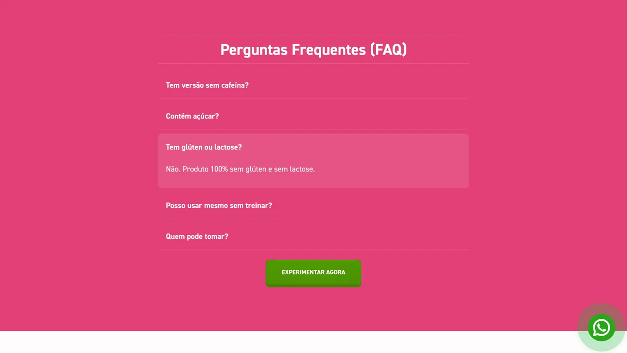 Seção Perguntas Frequentes da página LipoMonster em fundo rosa, com cinco perguntas em sanfona, a de glúten e lactose aberta, e o botão verde Experimentar agora