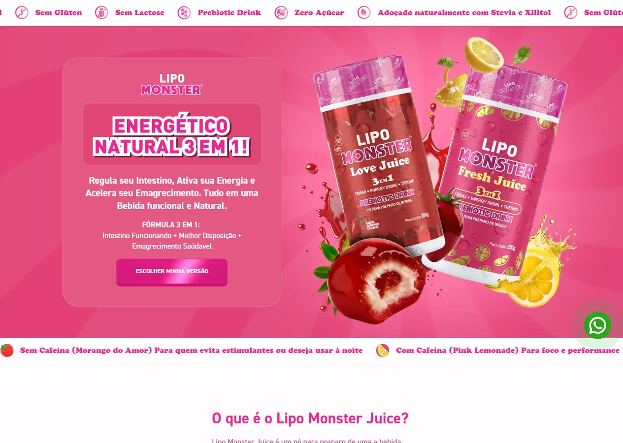 Página de vendas completa do LipoMonster, do topo com os potes Love Juice e Fresh Juice ao rodapé, onde ficam os canais de atendimento