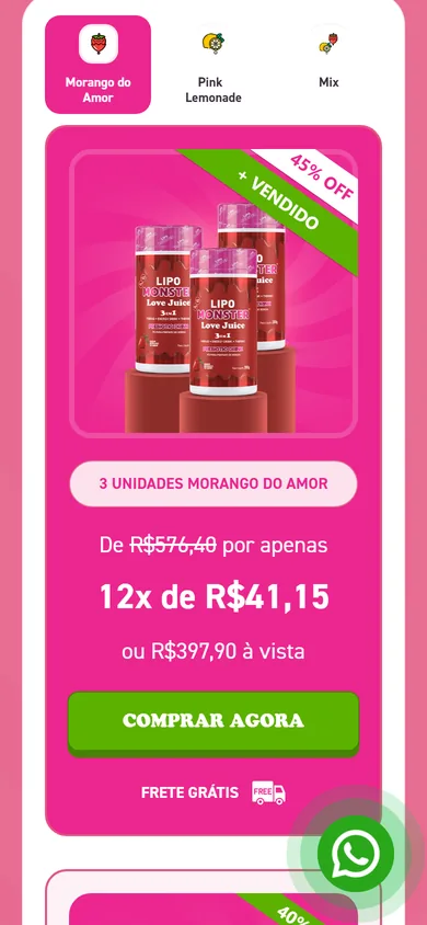Kit de três potes inteiro na tela do celular, abaixo das abas de sabor, com preço, botão verde de compra e frete grátis