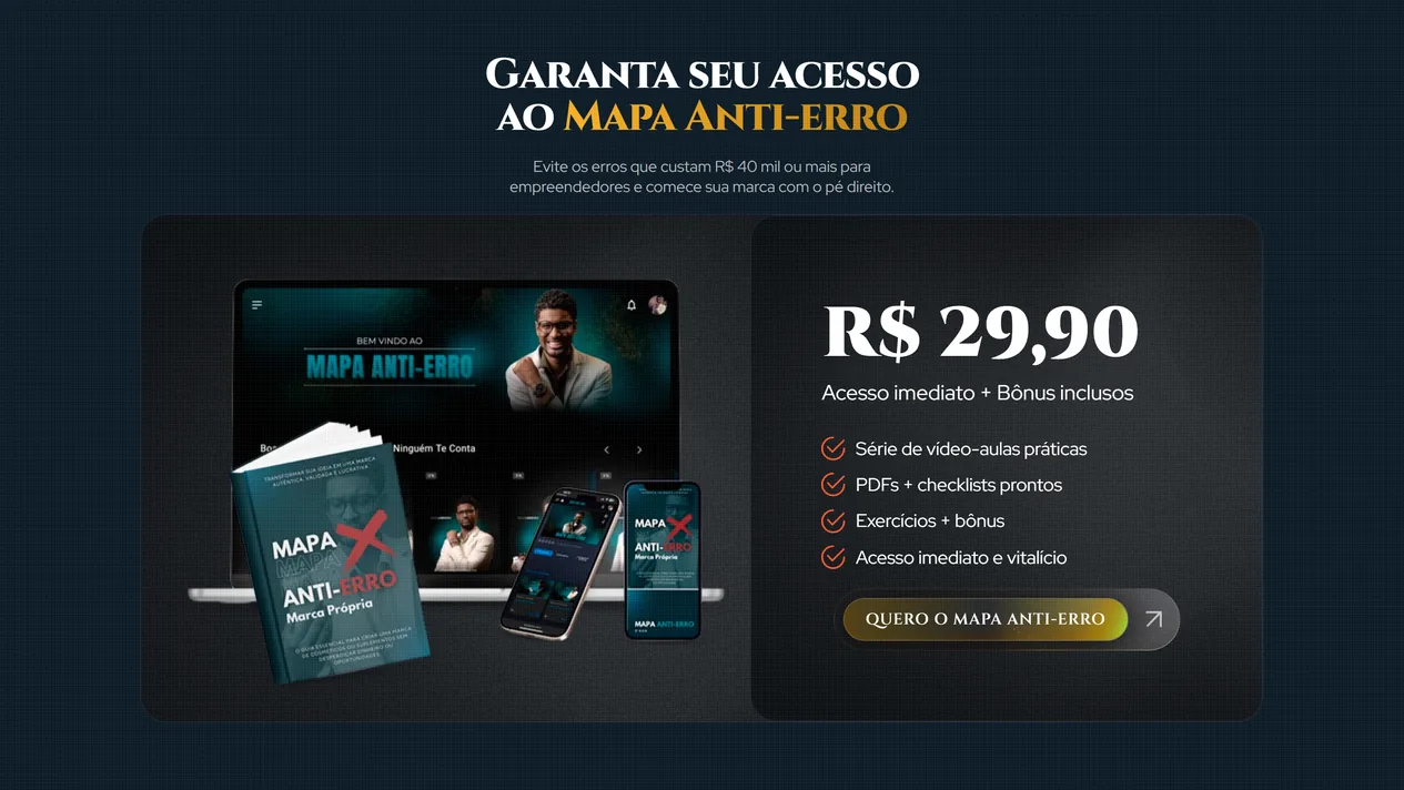 Bloco de oferta do Mapa Anti-Erro com o mockup de notebook, um livro com a capa do guia e dois celulares à esquerda e, à direita, o card de preço com quatro itens marcados com check laranja e o botão Quero o Mapa Anti-Erro
