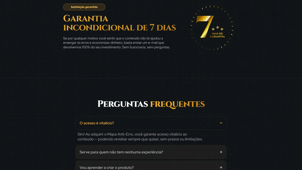 Seção da garantia incondicional de 7 dias, com o selo dourado, e as perguntas frequentes logo abaixo, com a pergunta sobre acesso vitalício aberta e outras duas fechadas