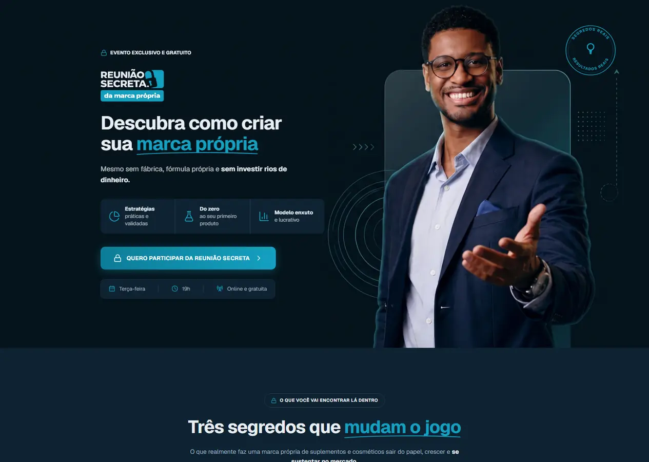 Página completa da Reunião Secreta da Marca Própria no tema escuro, da abertura com o Daniel Cézar Jr. e o botão de inscrição até a assinatura no fechamento, passando pelos três segredos, o ponto da virada, a trajetória do Daniel e as cinco situações de quem deve participar