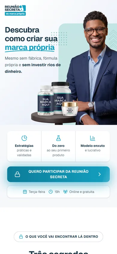 Abertura no celular, no tema claro, com o título ao lado do Daniel e de três potes “Sua marca aqui”, os destaques em três colunas e o botão de inscrição