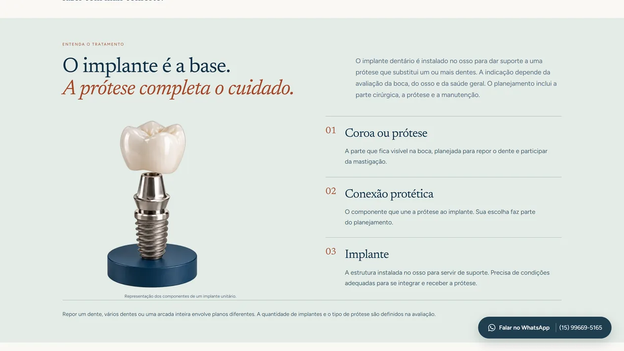 Página de implante dentário da MD Odontologia, bloco Entenda o tratamento: a peça de demonstração com coroa, conexão e implante ao lado de três itens numerados, Coroa ou prótese, Conexão protética e Implante, cada um com uma frase de explicação