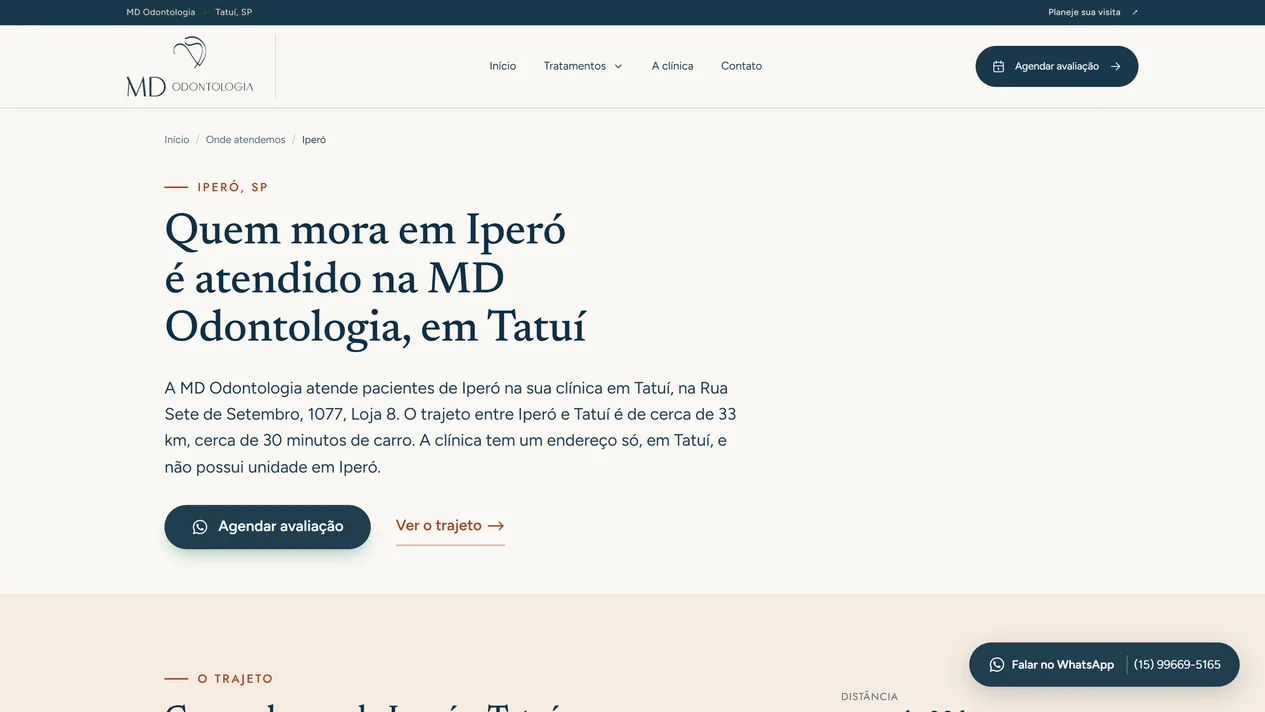 Página Iperó, SP, da MD Odontologia com o título Quem mora em Iperó é atendido na MD Odontologia, em Tatuí, o texto dizendo que o trajeto é de cerca de 33 km e 30 minutos de carro e que a clínica não tem unidade em Iperó, e os botões Agendar avaliação e Ver o trajeto