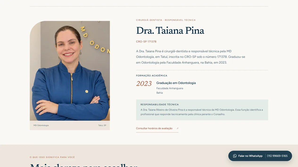 Página da equipe da MD Odontologia com o retrato da Dra. Taiana Pina, o rótulo Cirurgiã-dentista e Responsável técnica, o CRO-SP 171378, a formação acadêmica com a graduação em Odontologia em 2023 e o quadro de responsabilidade técnica