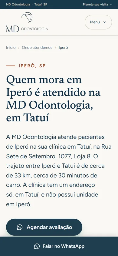 A mesma abertura no celular, com o caminho Início, Onde atendemos, Iperó, o título em quatro linhas e o botão Agendar avaliação