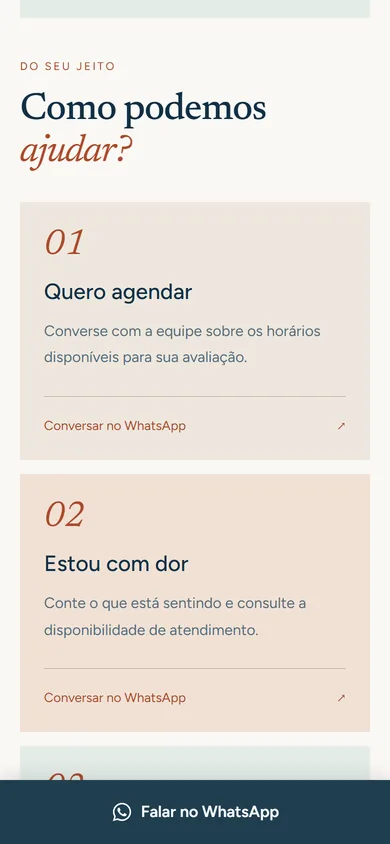 Os cartões Quero agendar e Estou com dor empilhados no celular, cada um com o seu link para o WhatsApp, e a barra fixa Falar no WhatsApp no rodapé da tela