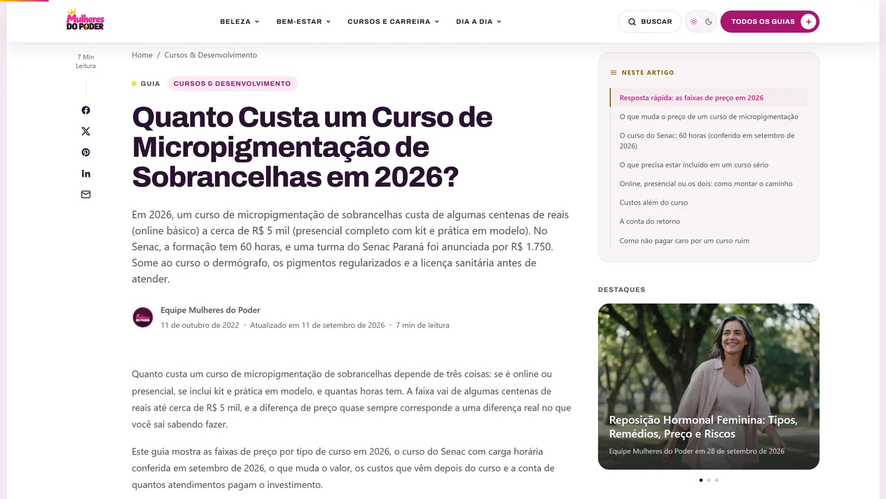Guia Quanto custa um curso de micropigmentação de sobrancelhas em 2026, com a resposta de preço logo abaixo do título, assinatura da Equipe Mulheres do Poder com as datas e índice do artigo na lateral