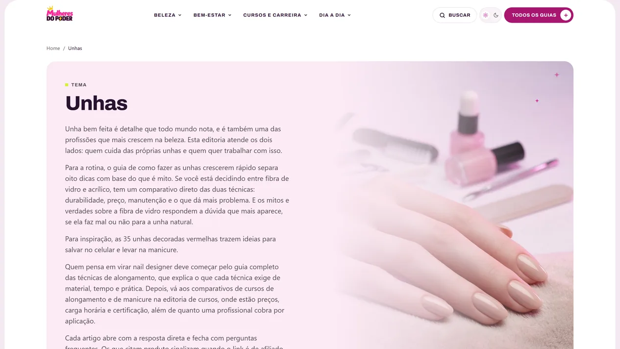Página de tema Unhas do Mulheres do Poder, com introdução editorial em vários parágrafos e foto de mão com unhas nude, esmaltes rosa, lixa e alicate