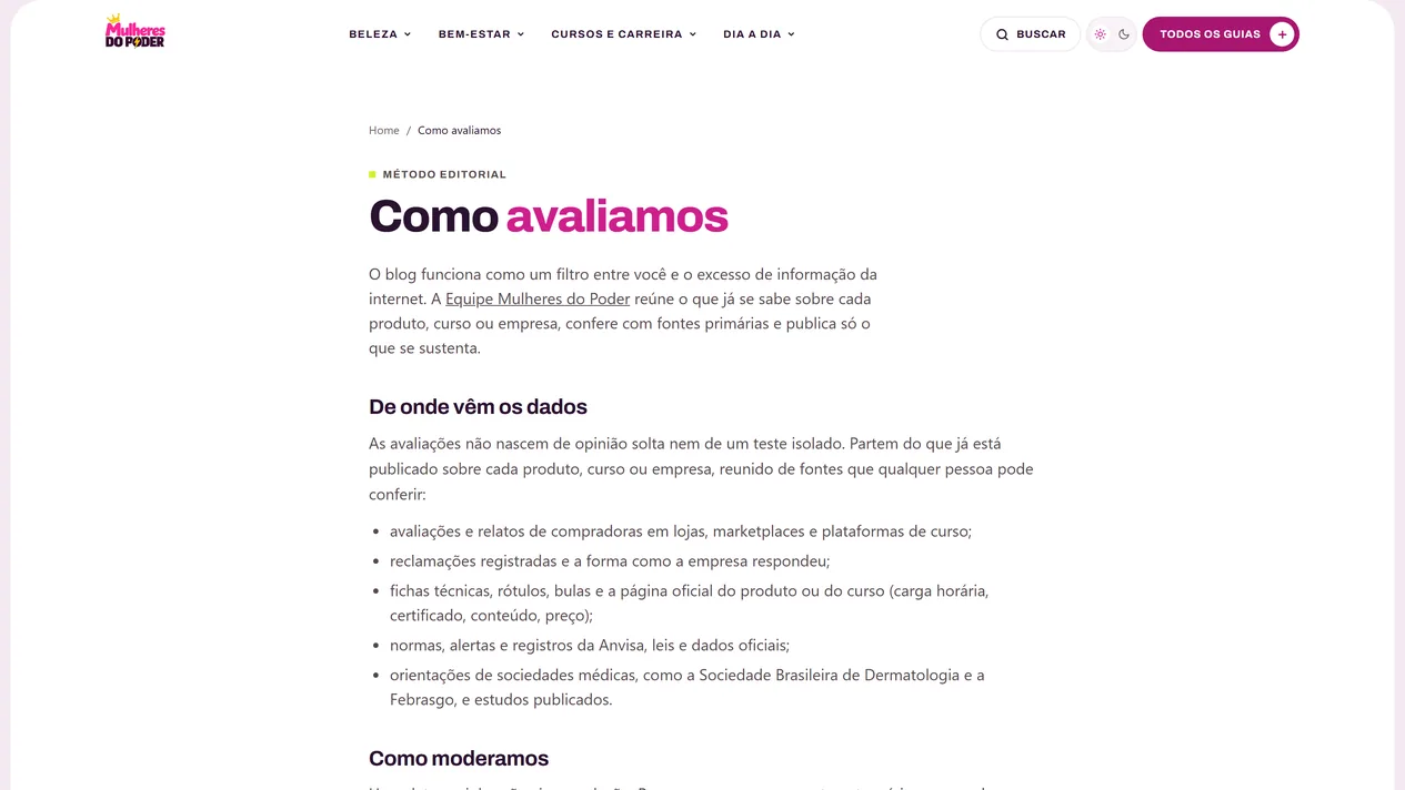 Página Como avaliamos do Mulheres do Poder, com o selo Método editorial, a introdução e a lista De onde vêm os dados