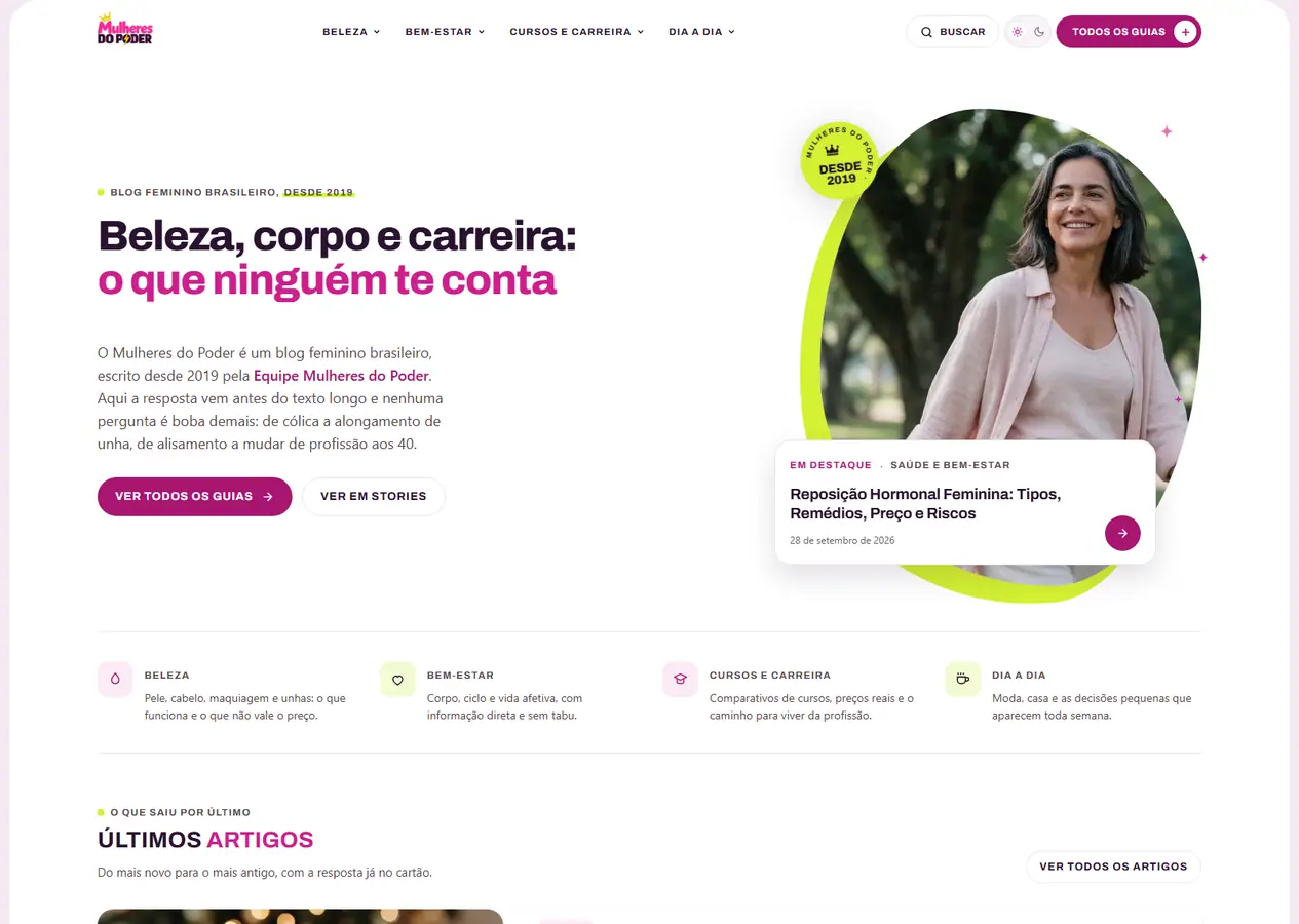 Página inicial completa do blog Mulheres do Poder, do título Beleza, corpo e carreira até o rodapé, com o guia em destaque, últimos artigos, respostas rápidas, comparativos de curso, Web Stories e temas