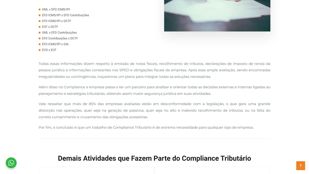 Trecho da página Compliance Tributário da Newtax com a lista de oito cruzamentos de obrigações acessórias, de XML x EFD ICMS/IPI a ECD x ECF, o fim da foto de uma mão assinando um documento, os parágrafos sobre o plano para irregularidades e a nota sobre a desconformidade das empresas avaliadas, e o título Demais Atividades que Fazem Parte do Compliance Tributário