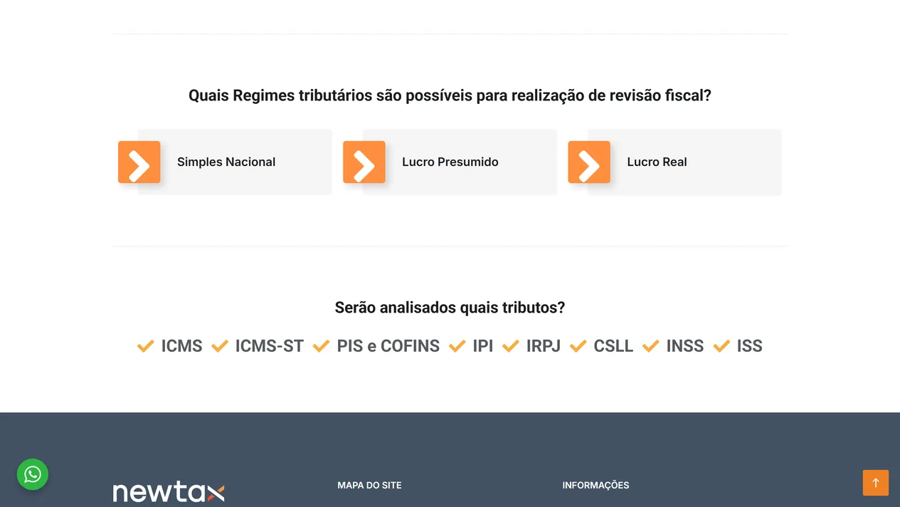 Trecho da página Revisão Tributária da Newtax com a pergunta sobre os regimes possíveis, três caixas com seta laranja para Simples Nacional, Lucro Presumido e Lucro Real, e a lista de oito tributos, de ICMS a ISS, acima do rodapé azul-ardósia