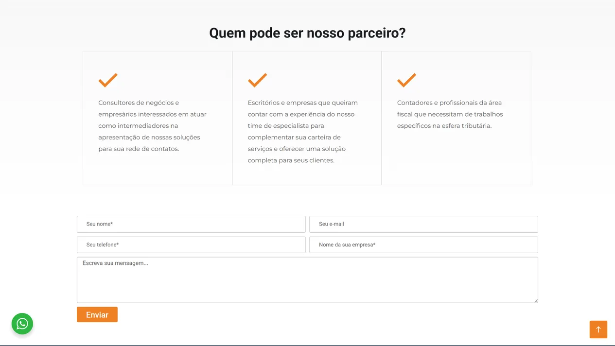 Página Parcerias da Newtax com o título Quem pode ser nosso parceiro?, três colunas com check laranja para consultores de negócios e empresários, escritórios e empresas, e contadores e profissionais da área fiscal, e, abaixo, o formulário de contato com o botão laranja Enviar