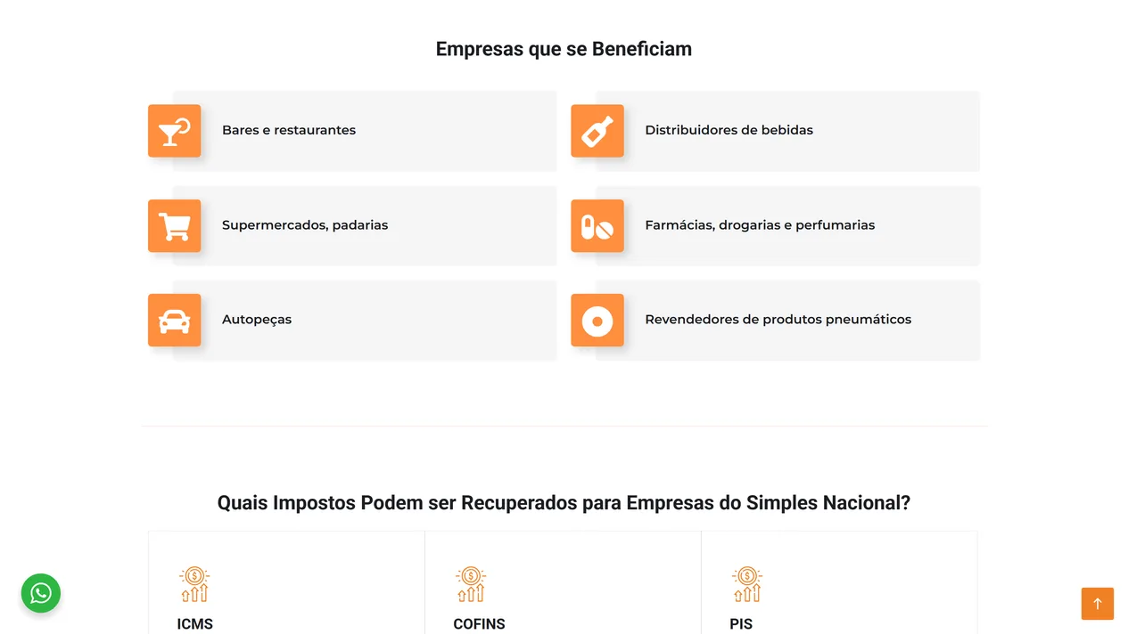 Trecho da página Recuperação de Tributos - Simples Nacional da Newtax com o título Empresas que se Beneficiam, seis cartões com ícone laranja para bares e restaurantes, distribuidores de bebidas, supermercados e padarias, farmácias, drogarias e perfumarias, autopeças e revendedores de produtos pneumáticos, e o título Quais Impostos Podem ser Recuperados para Empresas do Simples Nacional? sobre os cartões de ICMS, COFINS e PIS