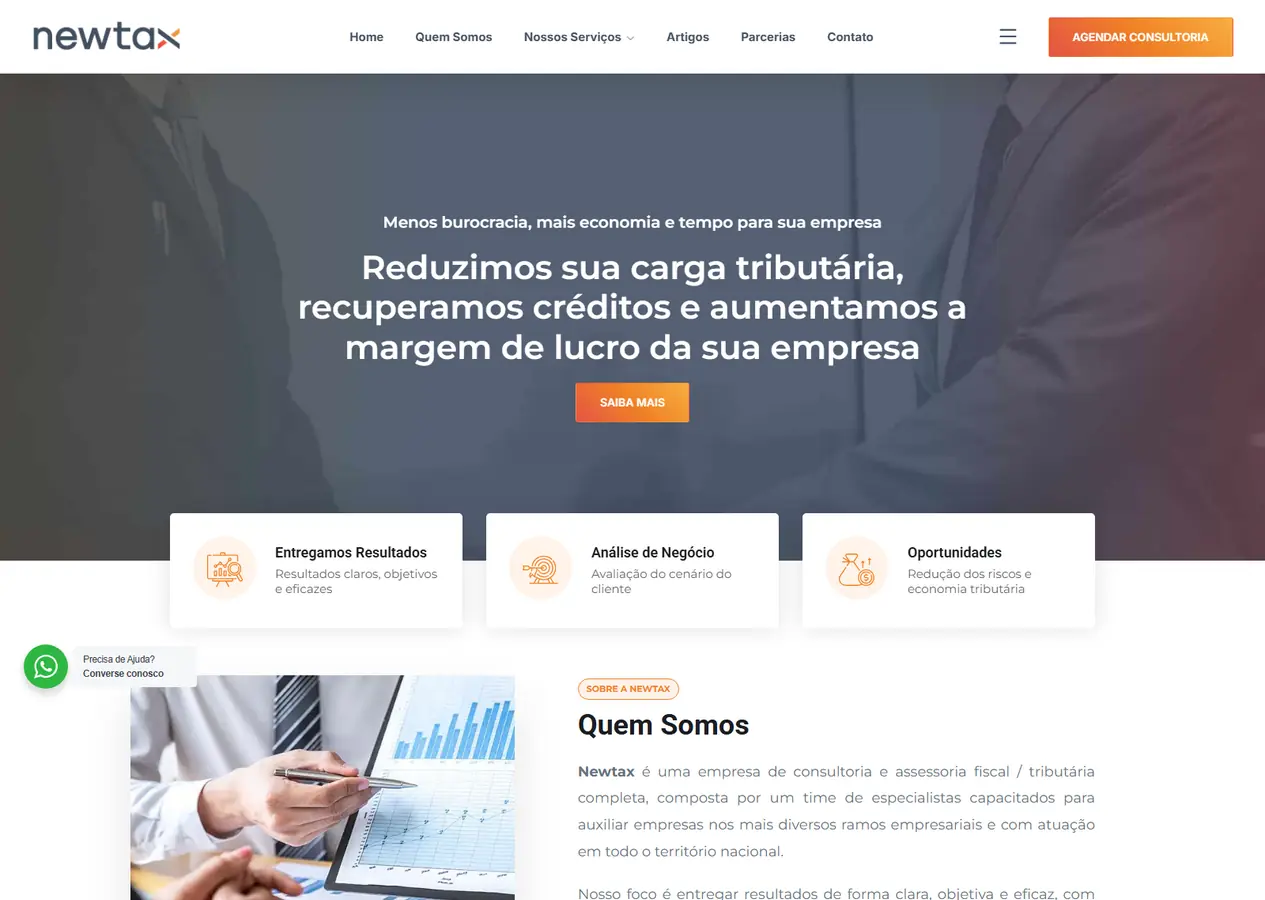 Home do site da Newtax, consultoria fiscal e tributária, de cima a baixo: a chamada sobre carga tributária, créditos e margem de lucro, Quem Somos, as quatro Áreas de Atuação, a faixa de chamada, os artigos e o rodapé azul-ardósia
