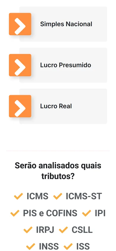 Os três regimes empilhados no celular e a lista Serão analisados quais tributos? em quatro linhas