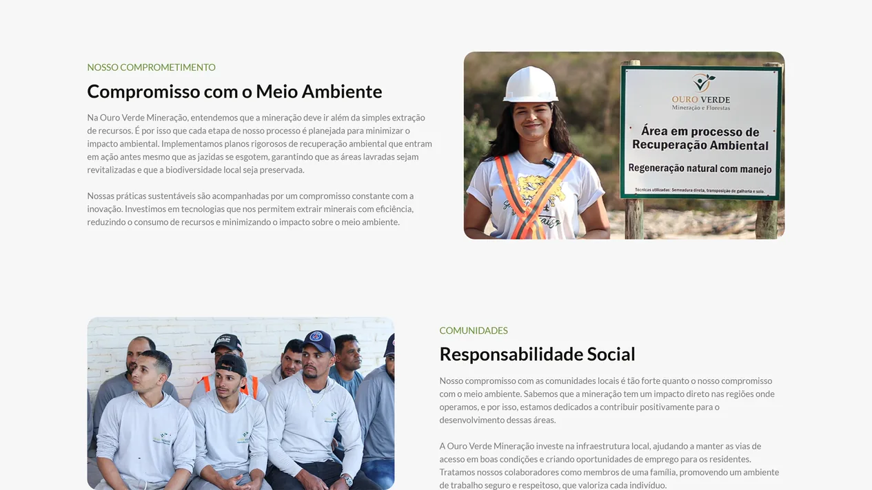 Seção Compromisso com o Meio Ambiente da página Sobre da Ouro Verde Mineração, com o texto sobre recuperação ambiental e a foto de uma colaboradora de capacete branco ao lado da placa Área em processo de Recuperação Ambiental, e abaixo a seção Responsabilidade Social com a foto da equipe